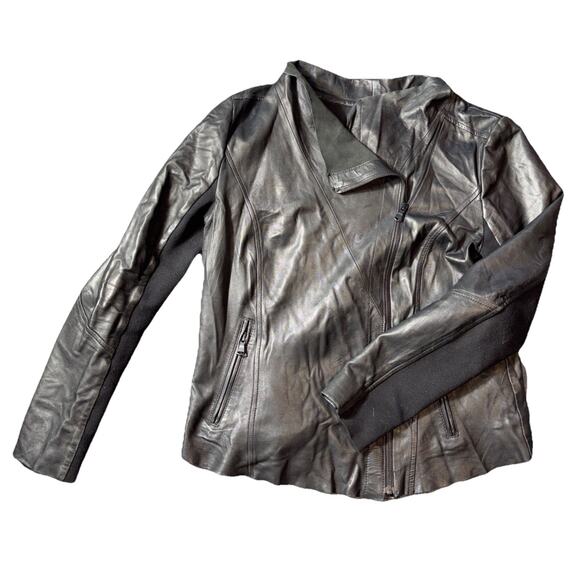 Trouve' Leather Jacket Sz Large Black Knit Sleeves Moto Asymmetrical Zipper Soft - Picture 8 of 9